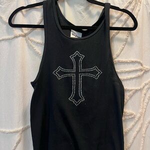 Black Tank Top with Rhinestone Cross